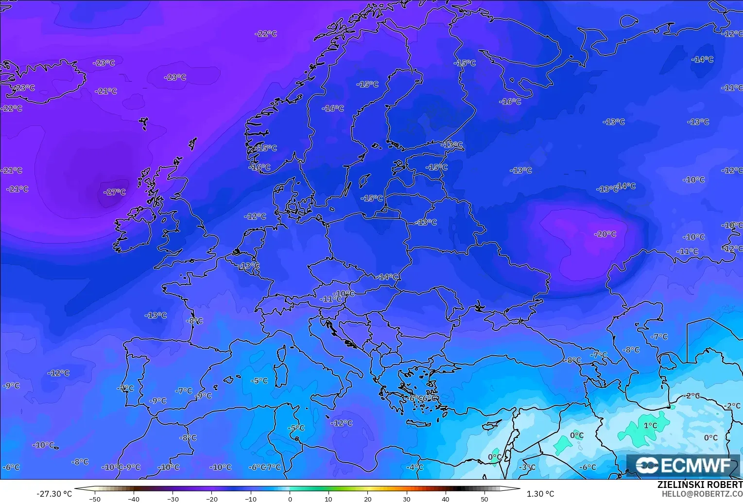 ECMWF IFS 0,25° modelo - Europa, Temperatura a 500 hPa