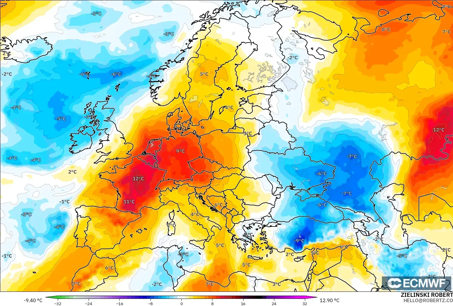 ECMWF IFS 0,25° modelo - Europa, Anomalia de temperatura a 850 hPa