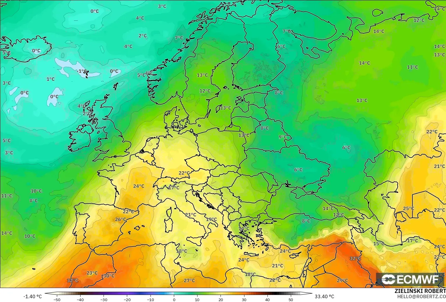 ECMWF IFS 0,25° modelo - Europa, Temperatura a 850 hPa