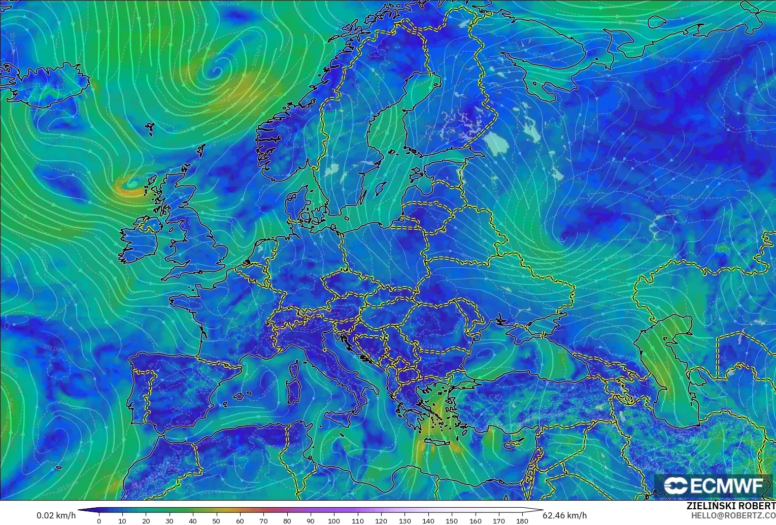 ECMWF IFS 0,25° modelo - Europa, Vento a 10 m
