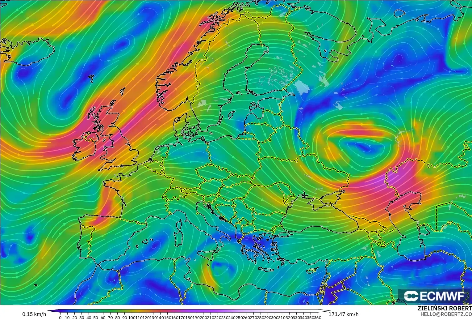 ECMWF IFS 0,25° modelo - Europa, Vento a 300 hPa (corrente em jato)