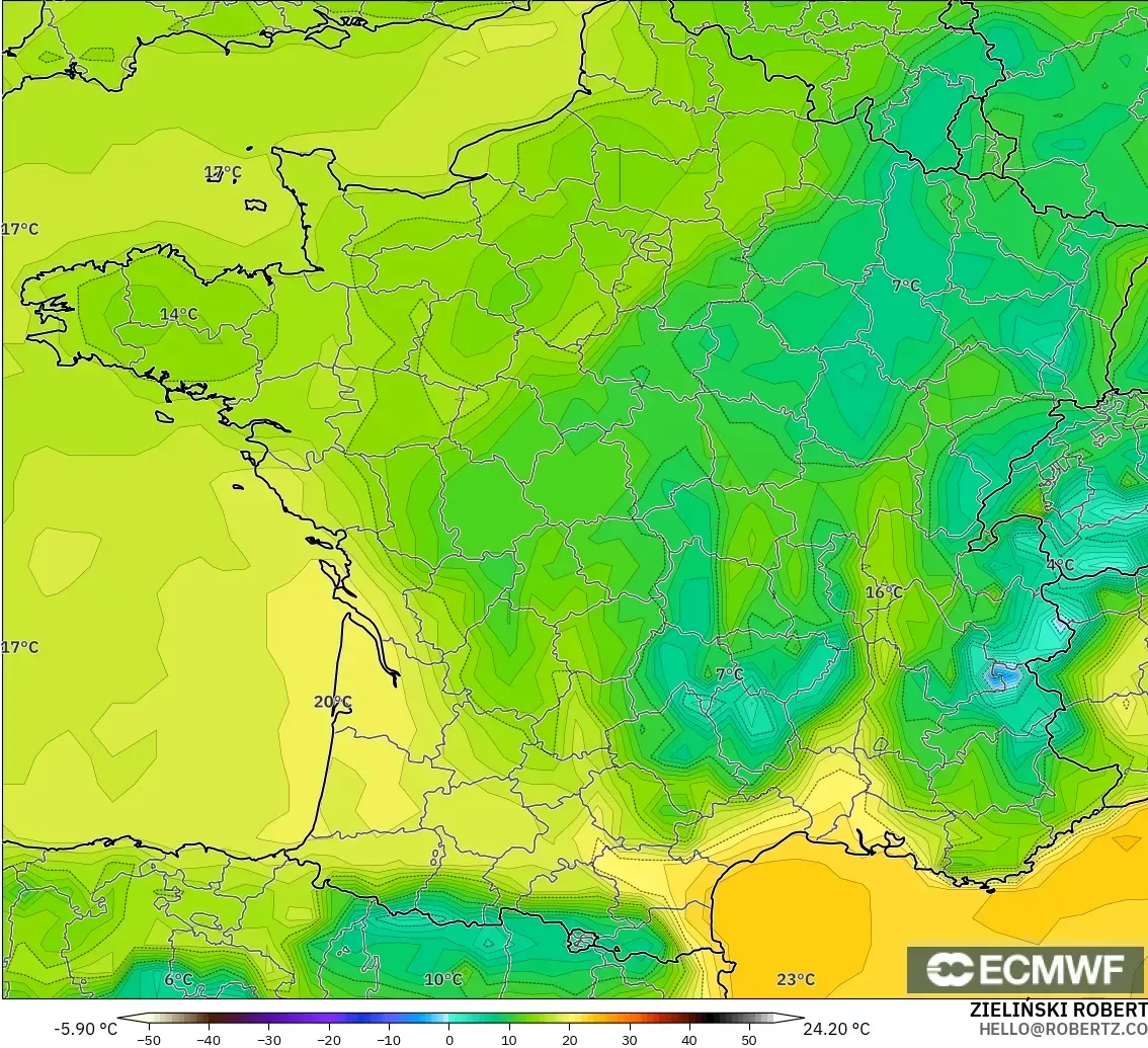ECMWF IFS 0,25° modelo - França, Ponto de orvalho a 2 m