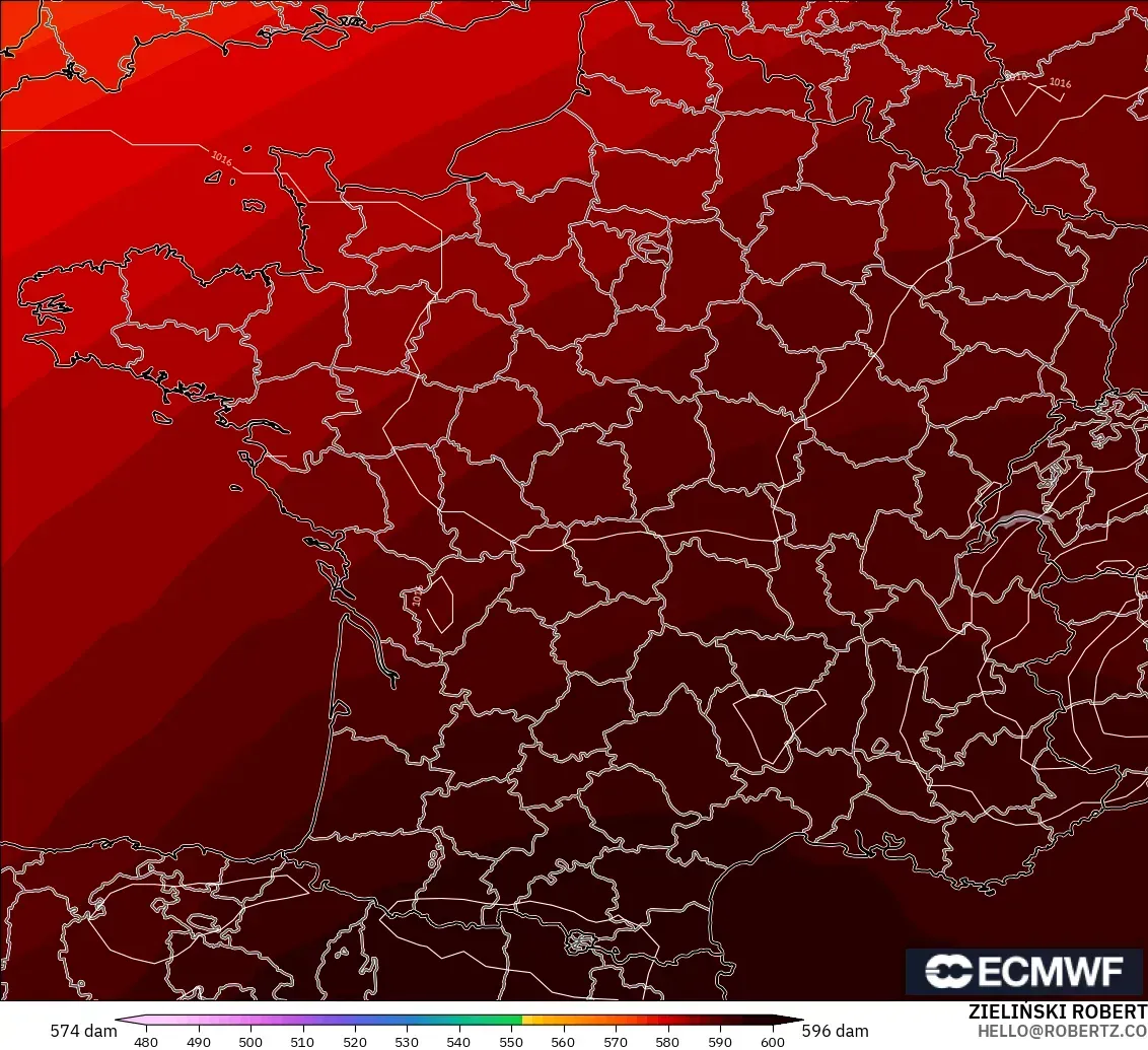 ECMWF IFS 0,25° modelo - França, Altura geopotencial a 500 hPa