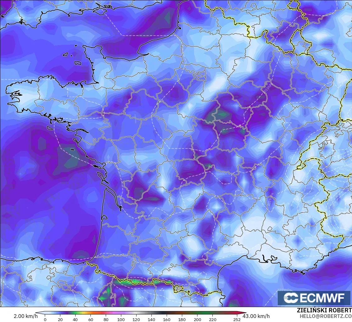 ECMWF IFS 0,25° modelo - França, Rajadas de Vento Máximas