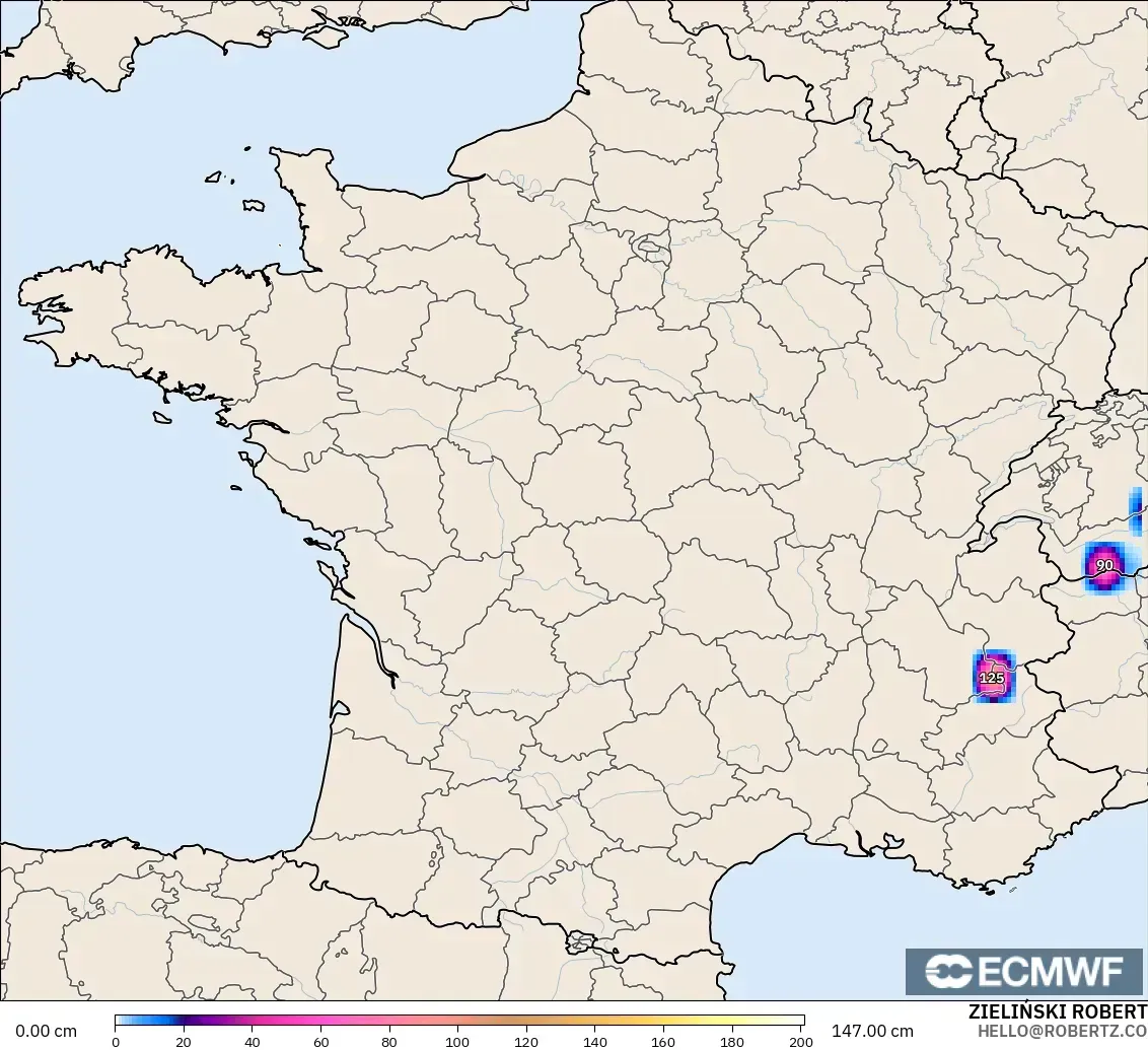 ECMWF IFS 0,25° modelo - França, Profundidade da neve