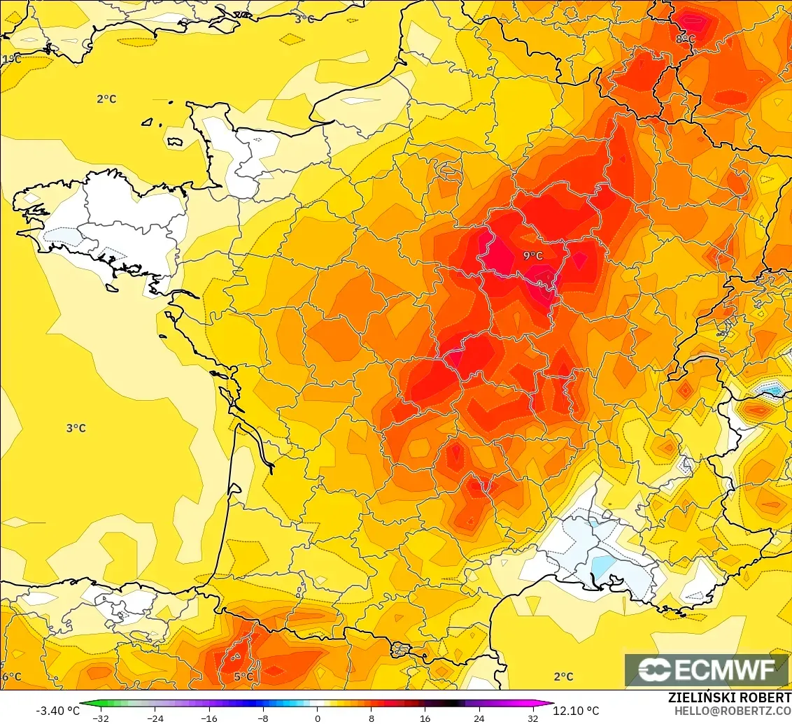 ECMWF IFS 0,25° modelo - França, Anomalia de temperatura a 2 m