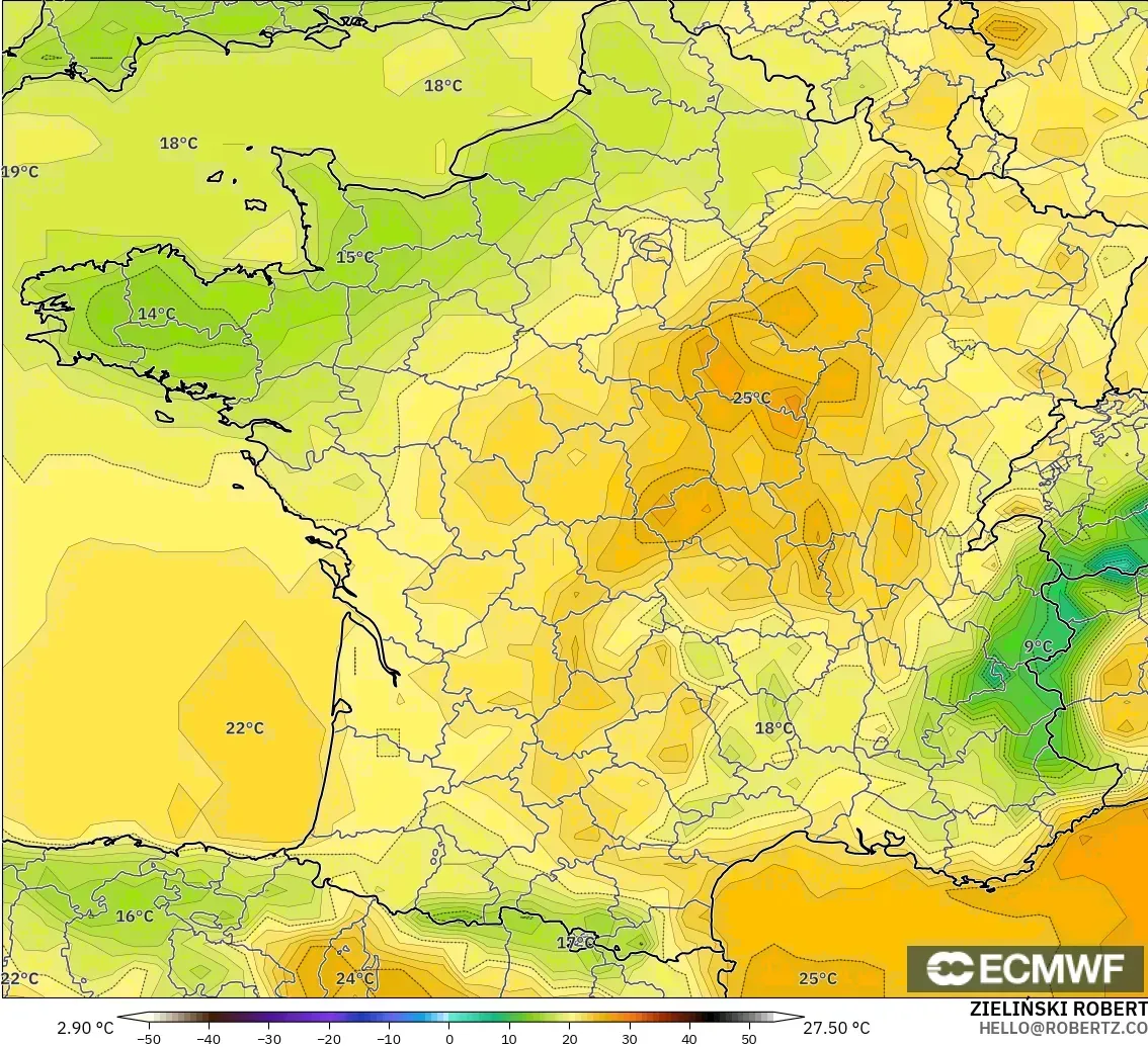 ECMWF IFS 0,25° modelo - França, Temperatura a 2 m