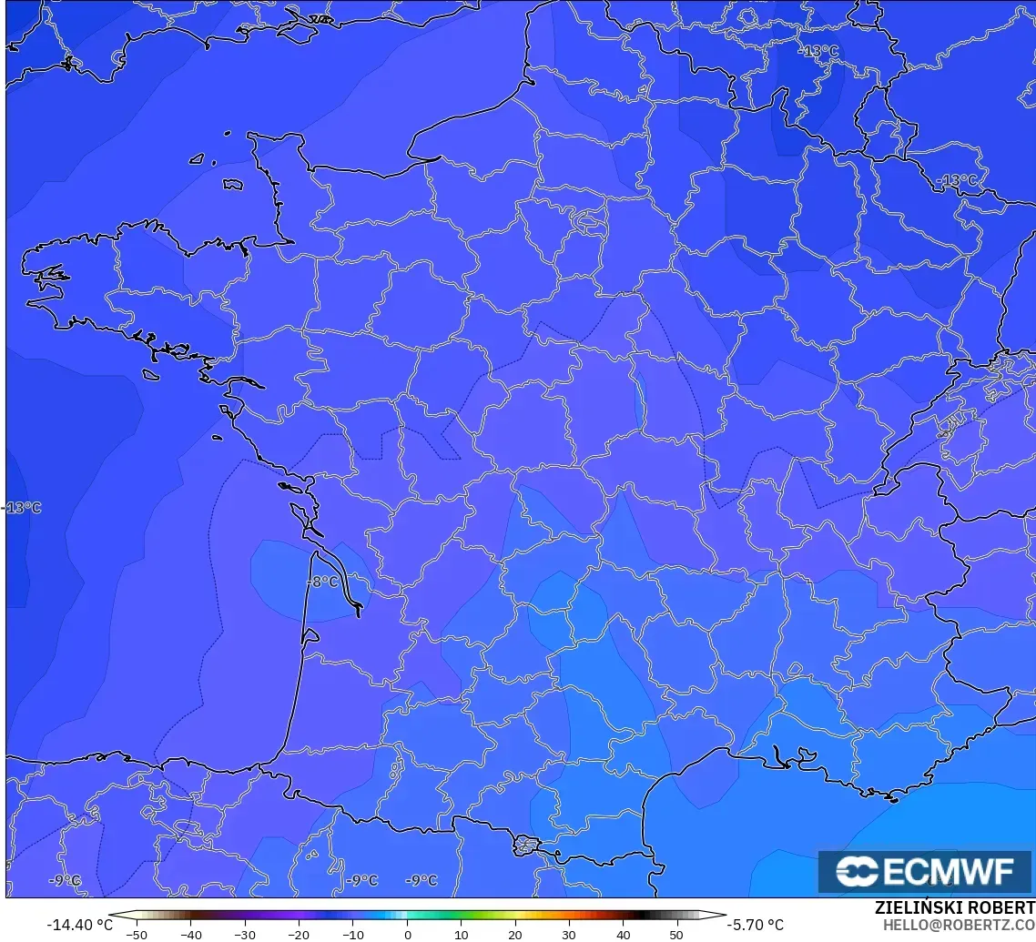 ECMWF IFS 0,25° modelo - França, Temperatura a 500 hPa