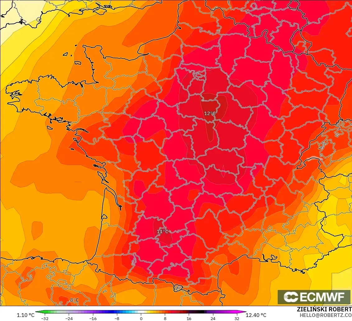 ECMWF IFS 0,25° modelo - França, Anomalia de temperatura a 850 hPa