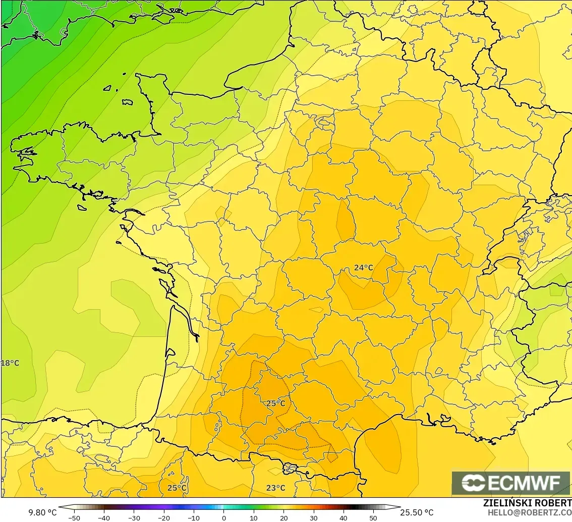ECMWF IFS 0,25° modelo - França, Temperatura a 850 hPa