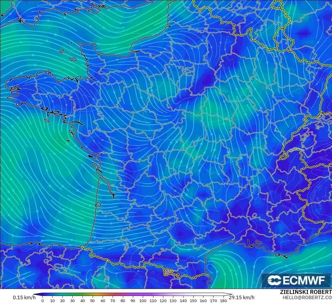 ECMWF IFS 0,25° modelo - França, Vento a 10 m