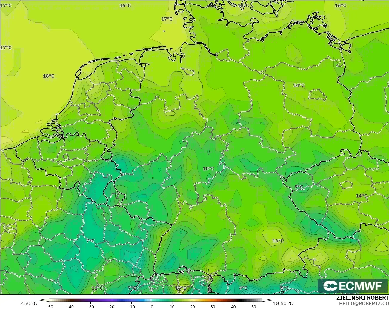 ECMWF IFS 0,25° modelo - Alemanha, Ponto de orvalho a 2 m
