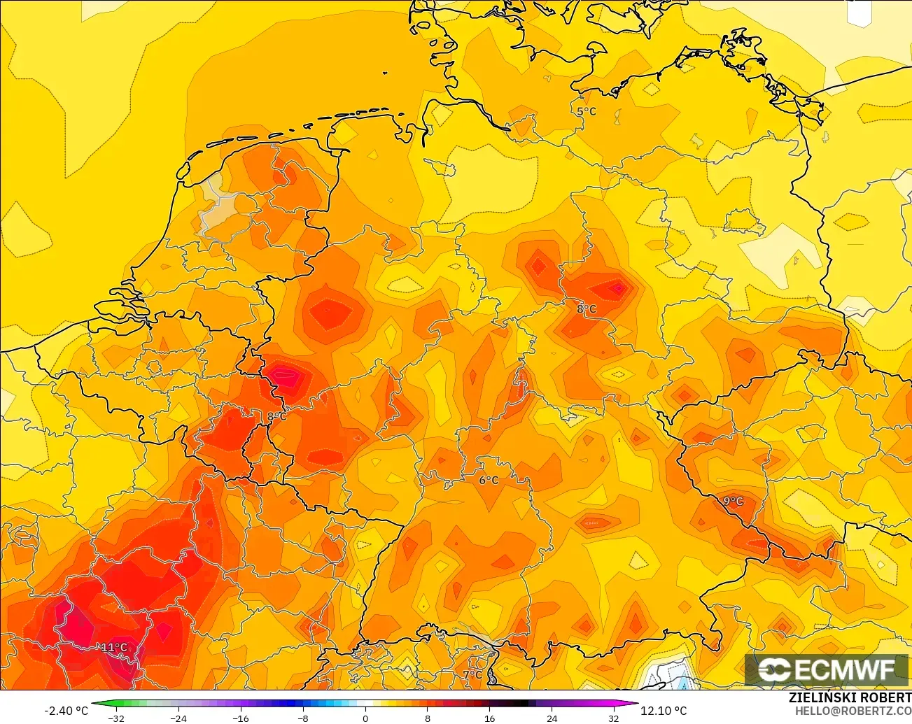 ECMWF IFS 0,25° modelo - Alemanha, Anomalia de temperatura a 2 m