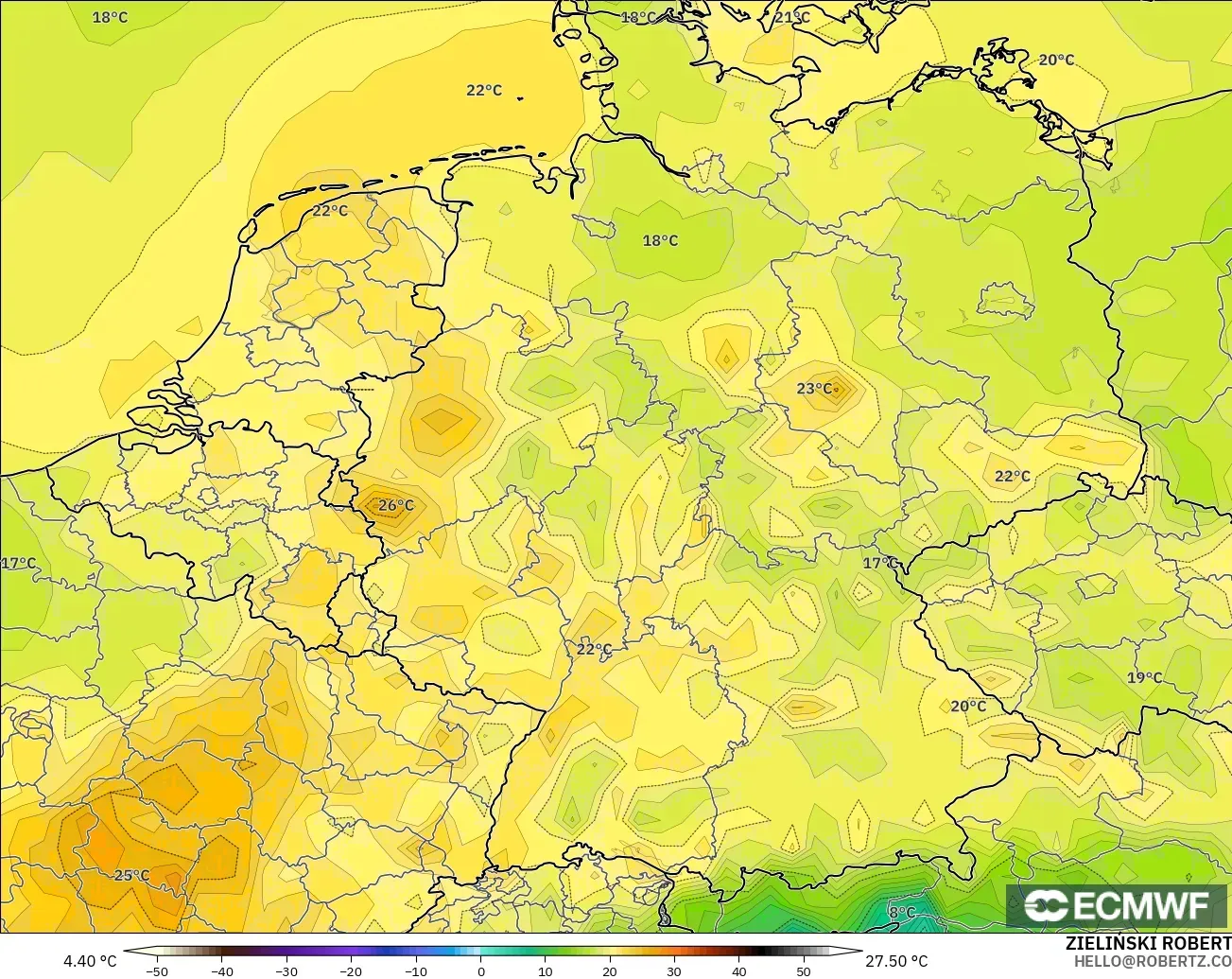 ECMWF IFS 0,25° modelo - Alemanha, Temperatura a 2 m