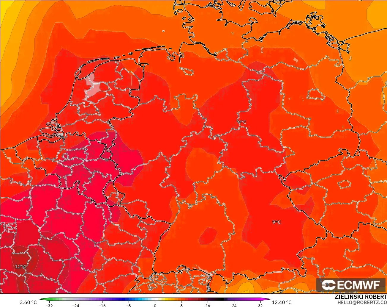 ECMWF IFS 0,25° modelo - Alemanha, Anomalia de temperatura a 850 hPa