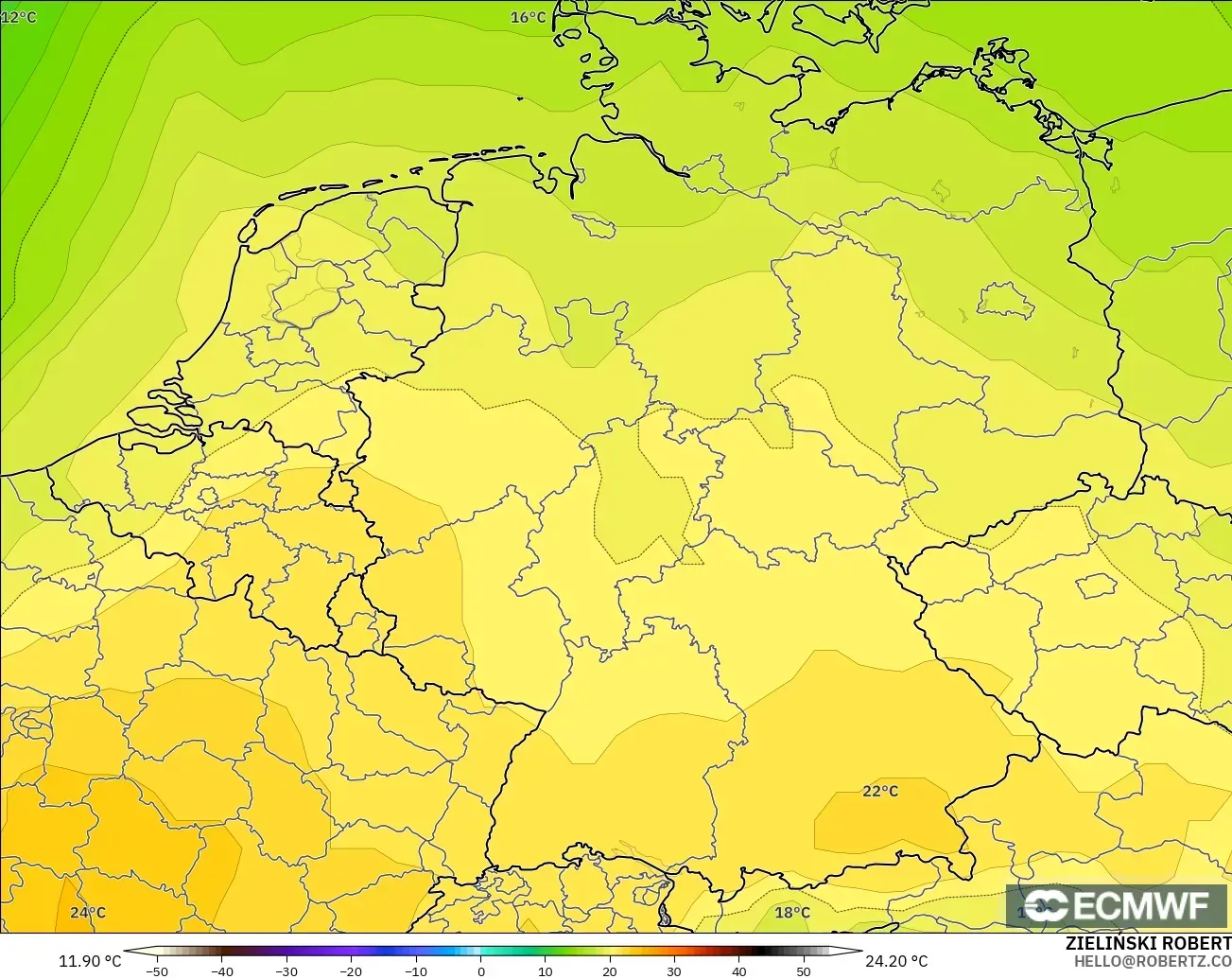 ECMWF IFS 0,25° modelo - Alemanha, Temperatura a 850 hPa
