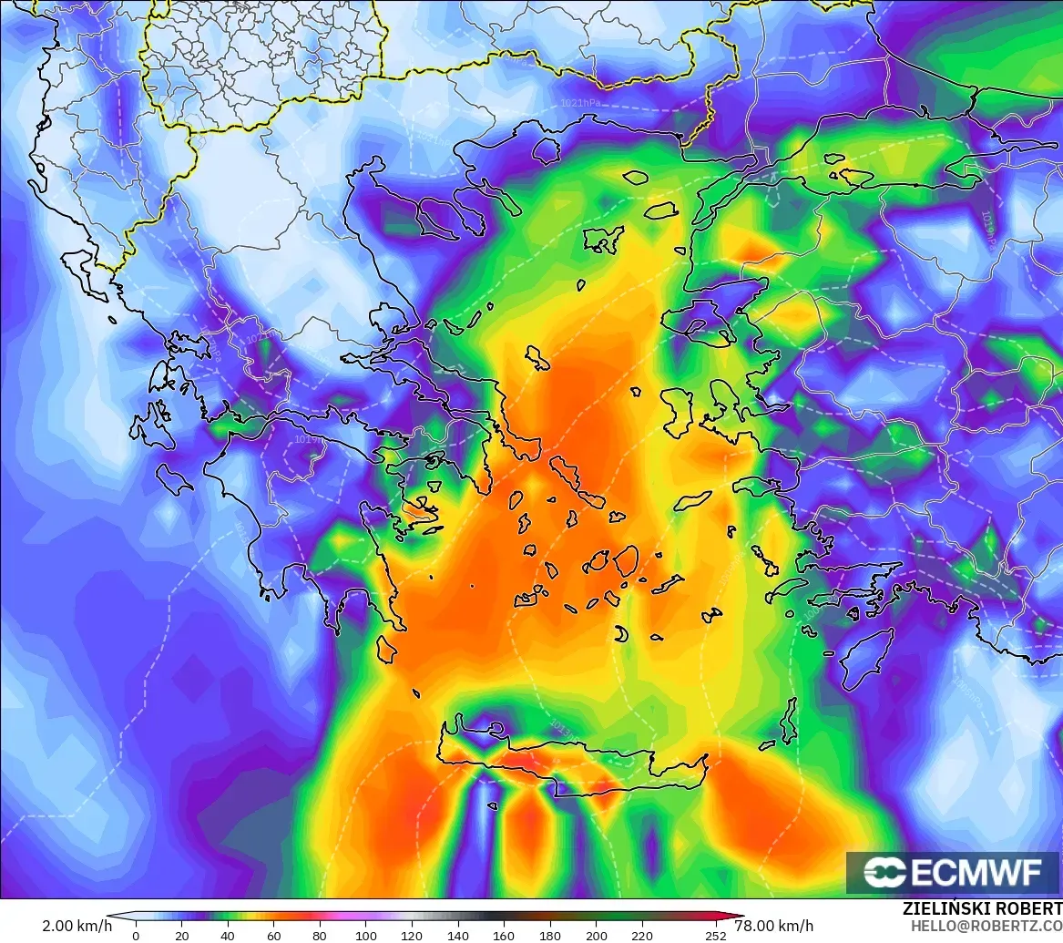 ECMWF IFS 0,25° modelo - Grécia, Rajadas de vento