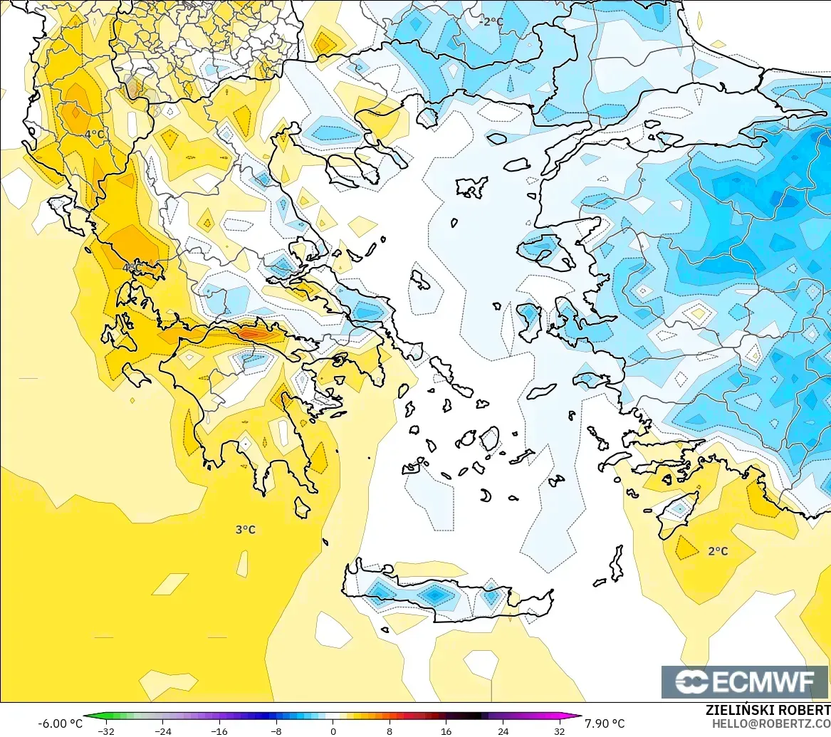 ECMWF IFS 0,25° modelo - Grécia, Anomalia de temperatura a 2 m