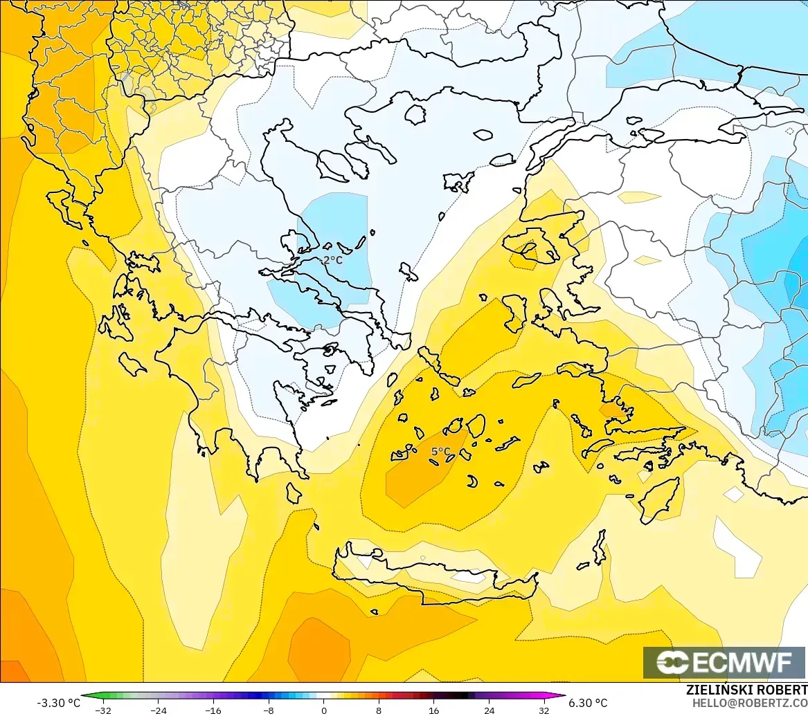 ECMWF IFS 0,25° modelo - Grécia, Anomalia de temperatura a 850 hPa