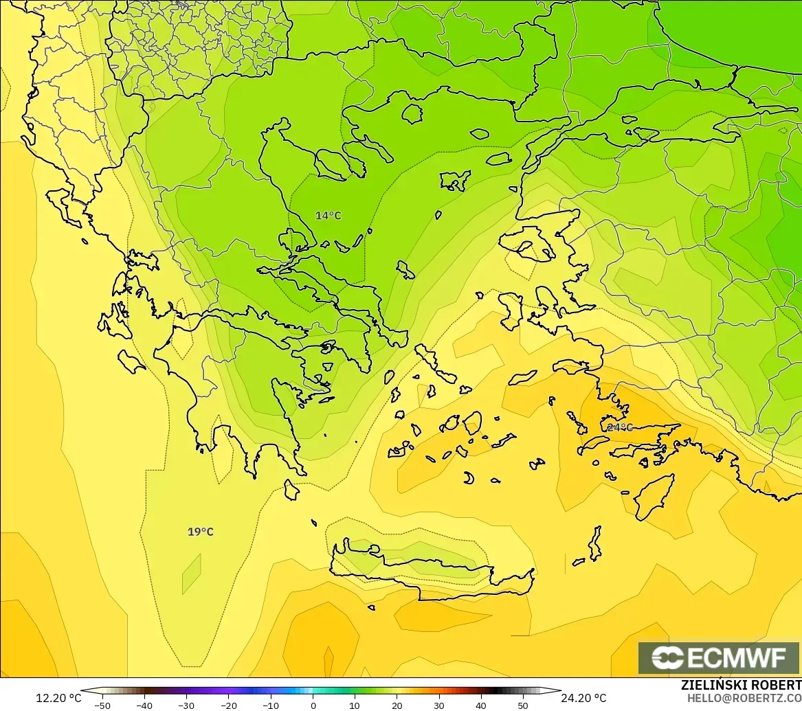 ECMWF IFS 0,25° modelo - Grécia, Temperatura a 850 hPa