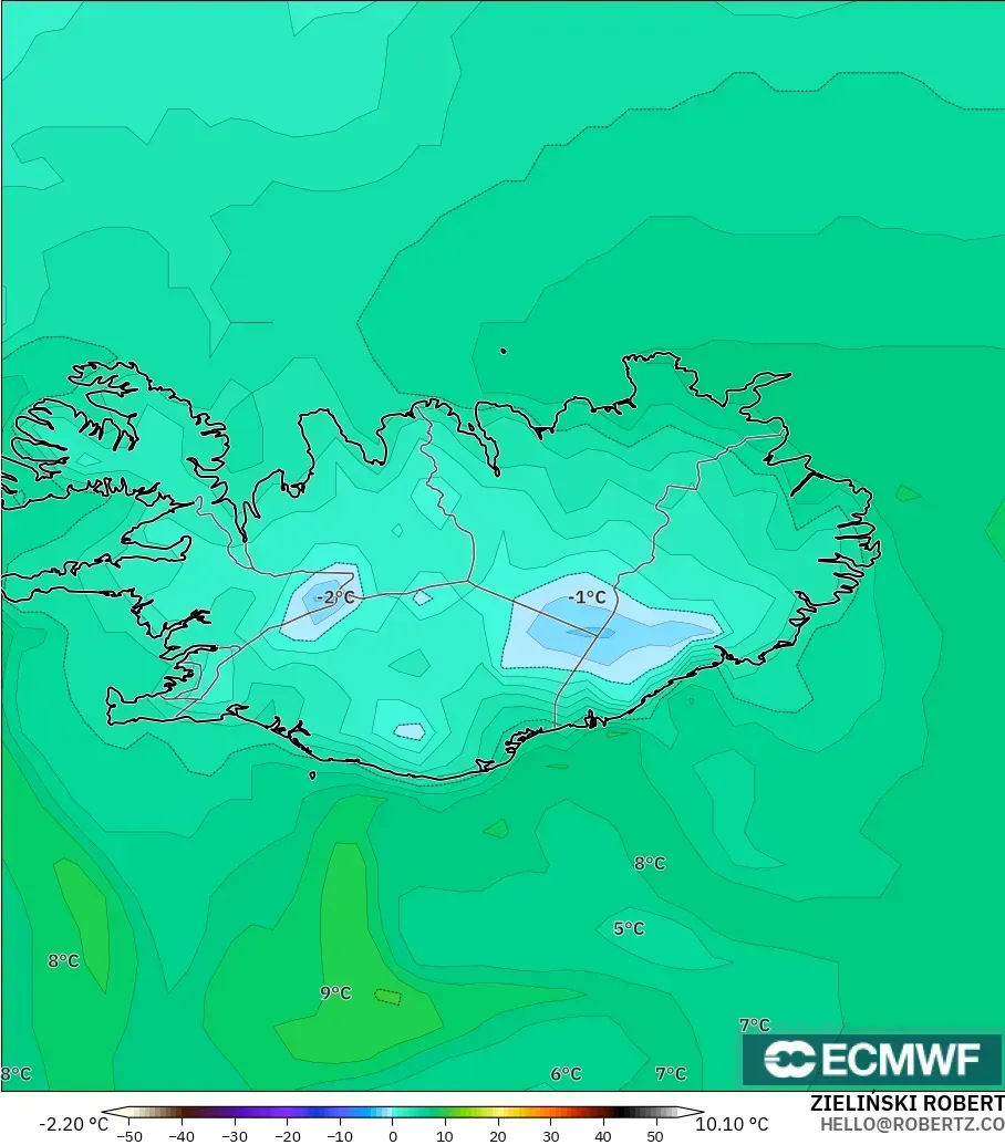 ECMWF IFS 0,25° modelo - Islândia, Ponto de orvalho a 2 m