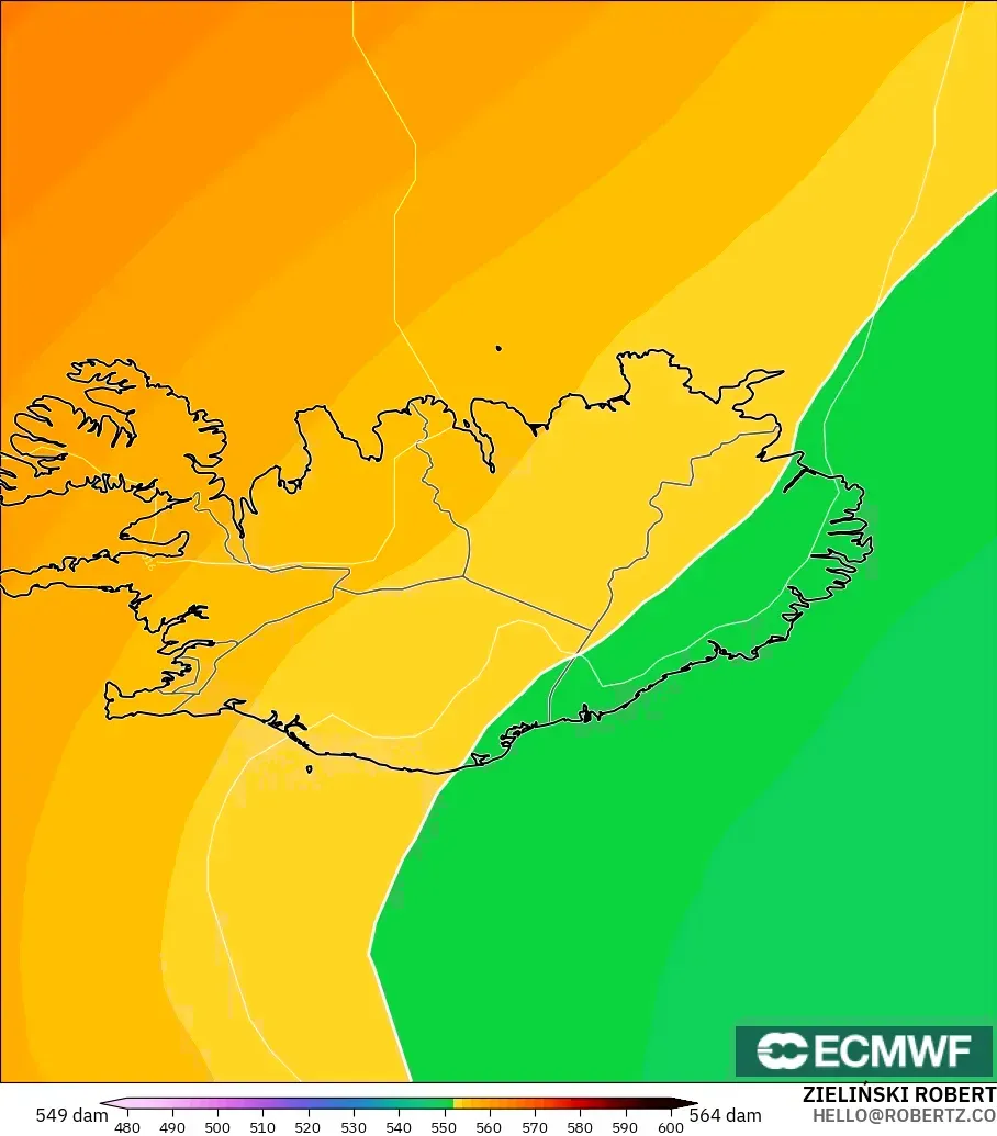 ECMWF IFS 0,25° modelo - Islândia, Altura geopotencial a 500 hPa