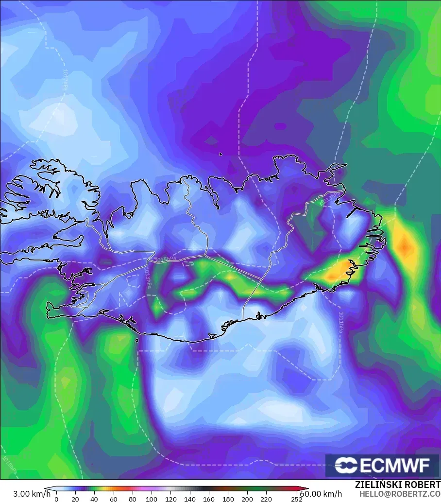ECMWF IFS 0,25° modelo - Islândia, Rajadas de Vento Máximas
