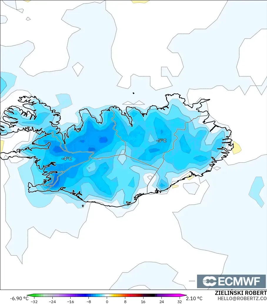 ECMWF IFS 0,25° modelo - Islândia, Anomalia de temperatura a 2 m