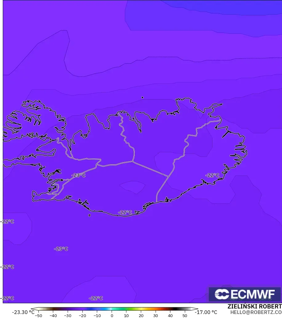 ECMWF IFS 0,25° modelo - Islândia, Temperatura a 500 hPa