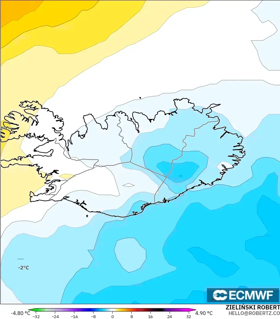 ECMWF IFS 0,25° modelo - Islândia, Anomalia de temperatura a 850 hPa