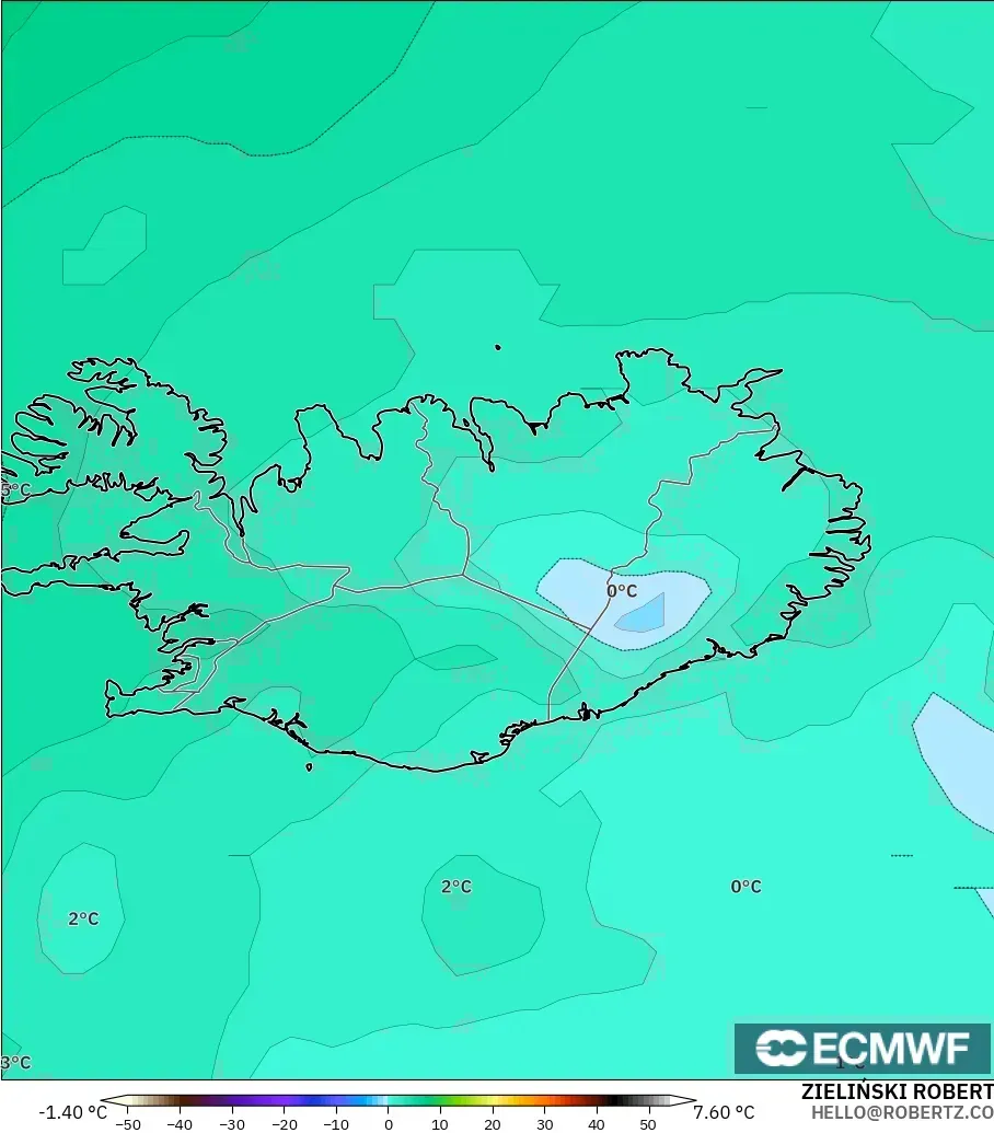 ECMWF IFS 0,25° modelo - Islândia, Temperatura a 850 hPa