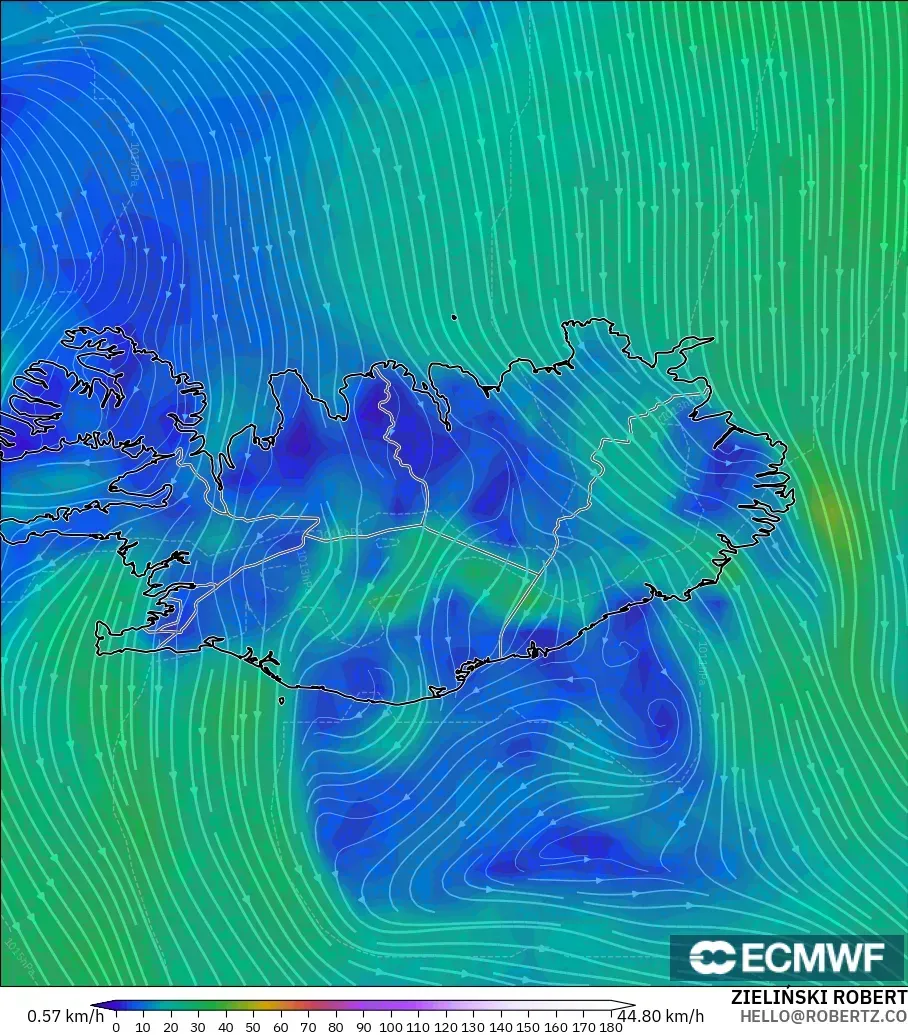 ECMWF IFS 0,25° modelo - Islândia, Vento a 10 m