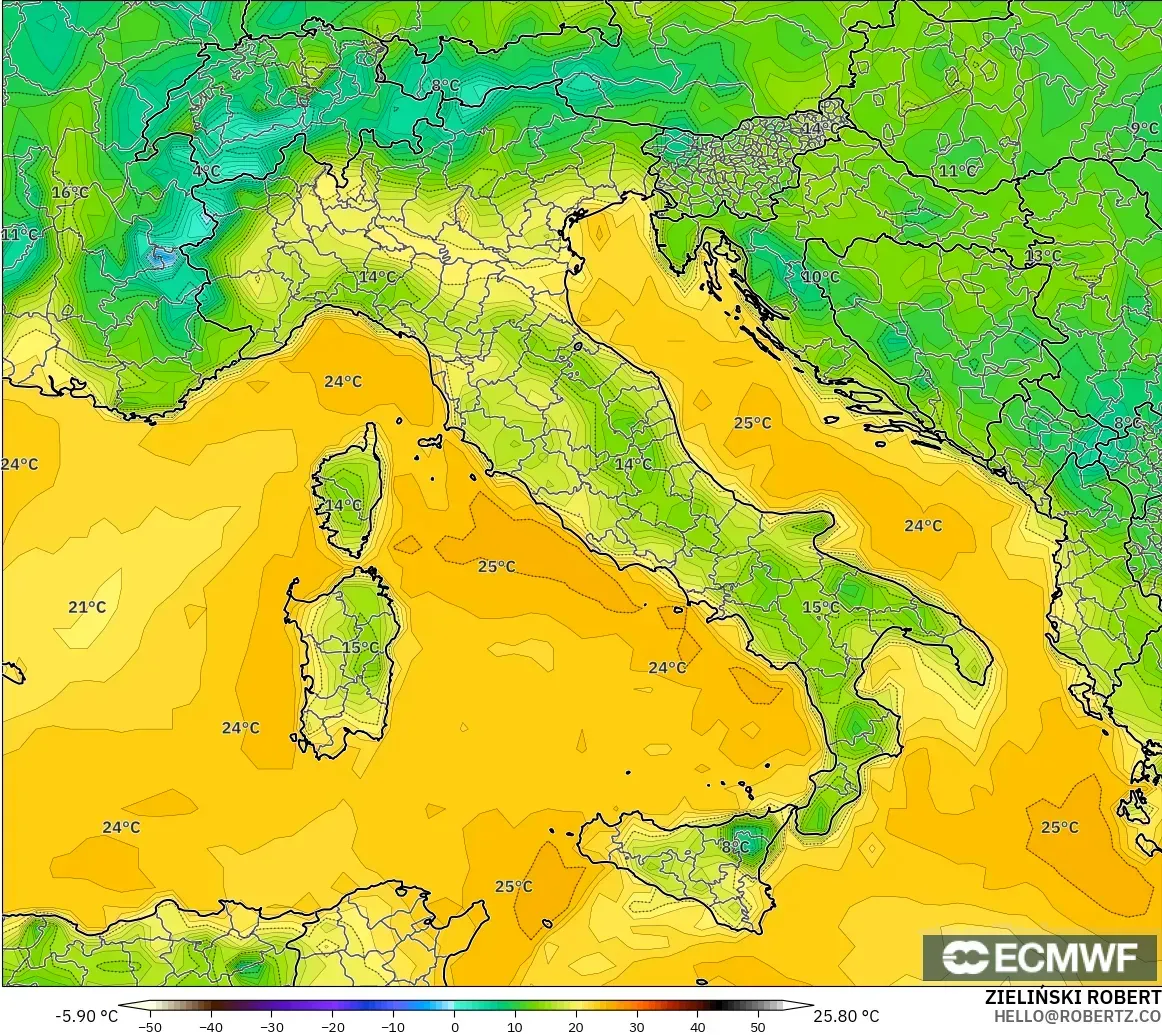 ECMWF IFS 0,25° modelo - Itália, Ponto de orvalho a 2 m