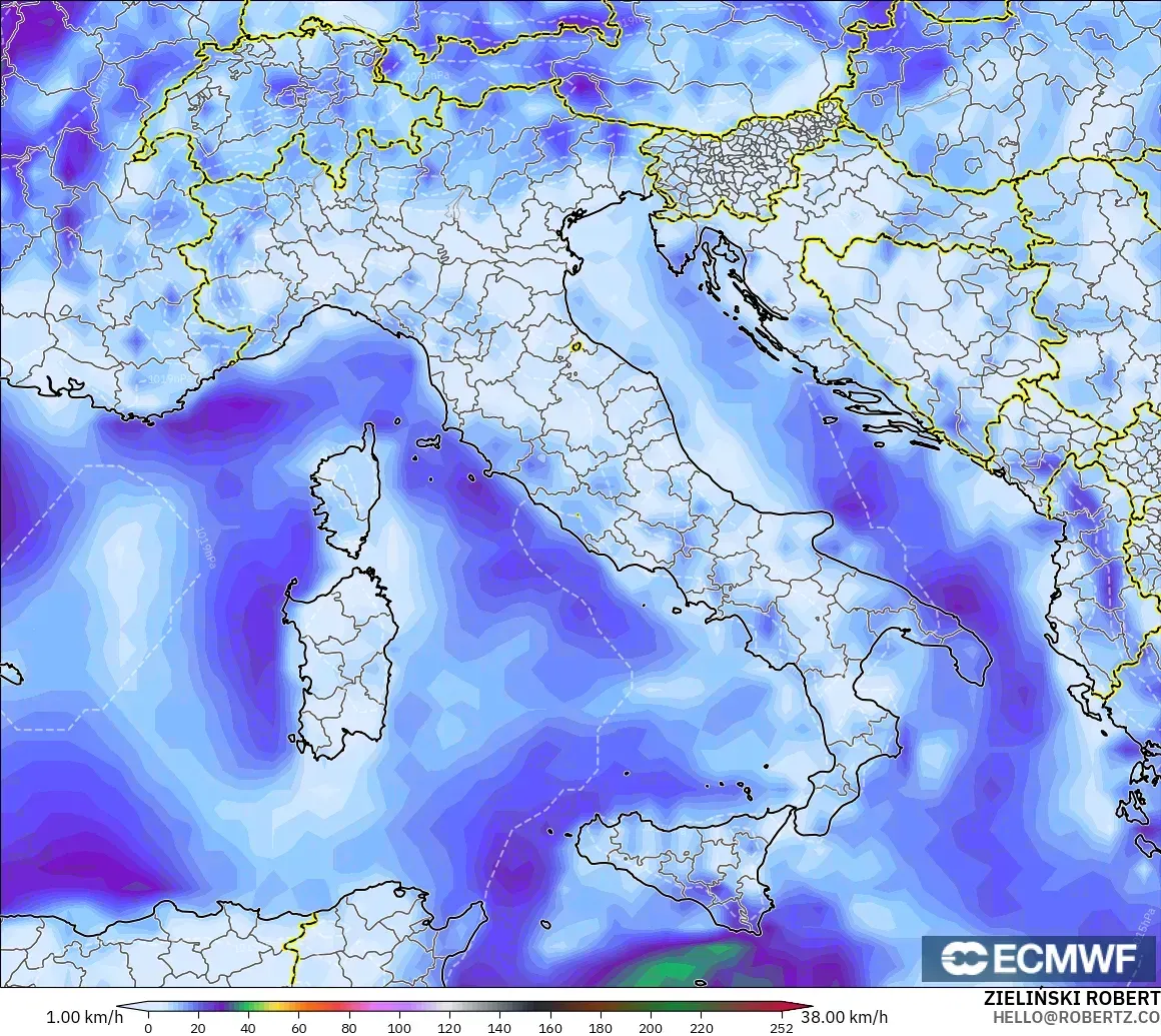 ECMWF IFS 0,25° modelo - Itália, Rajadas de Vento Máximas