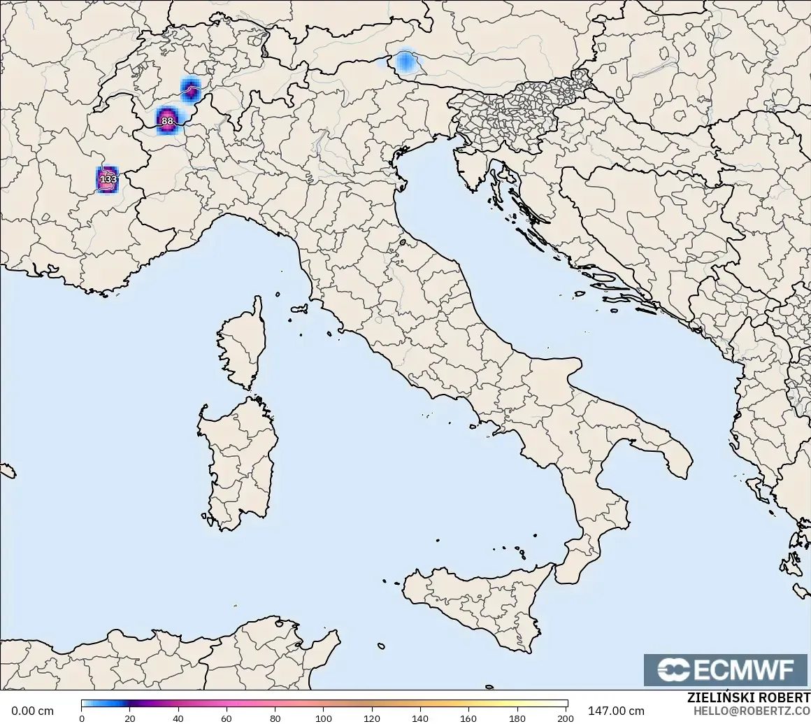 ECMWF IFS 0,25° modelo - Itália, Profundidade da neve