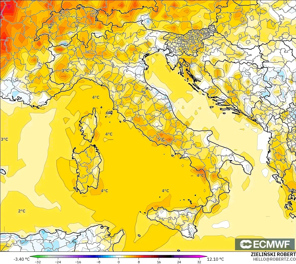 ECMWF IFS 0,25° modelo - Itália, Anomalia de temperatura a 2 m