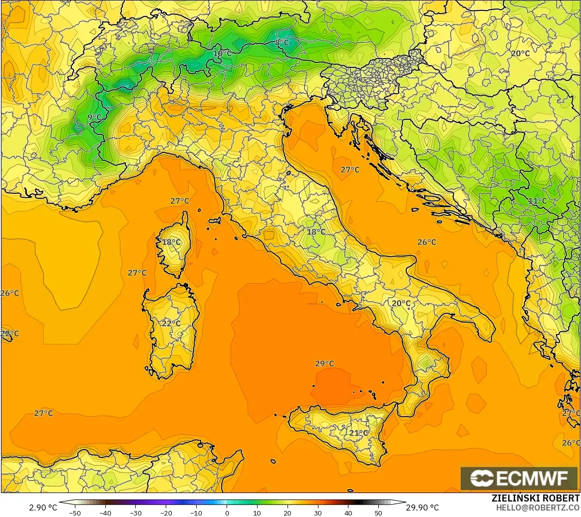 ECMWF IFS 0,25° modelo - Itália, Temperatura a 2 m