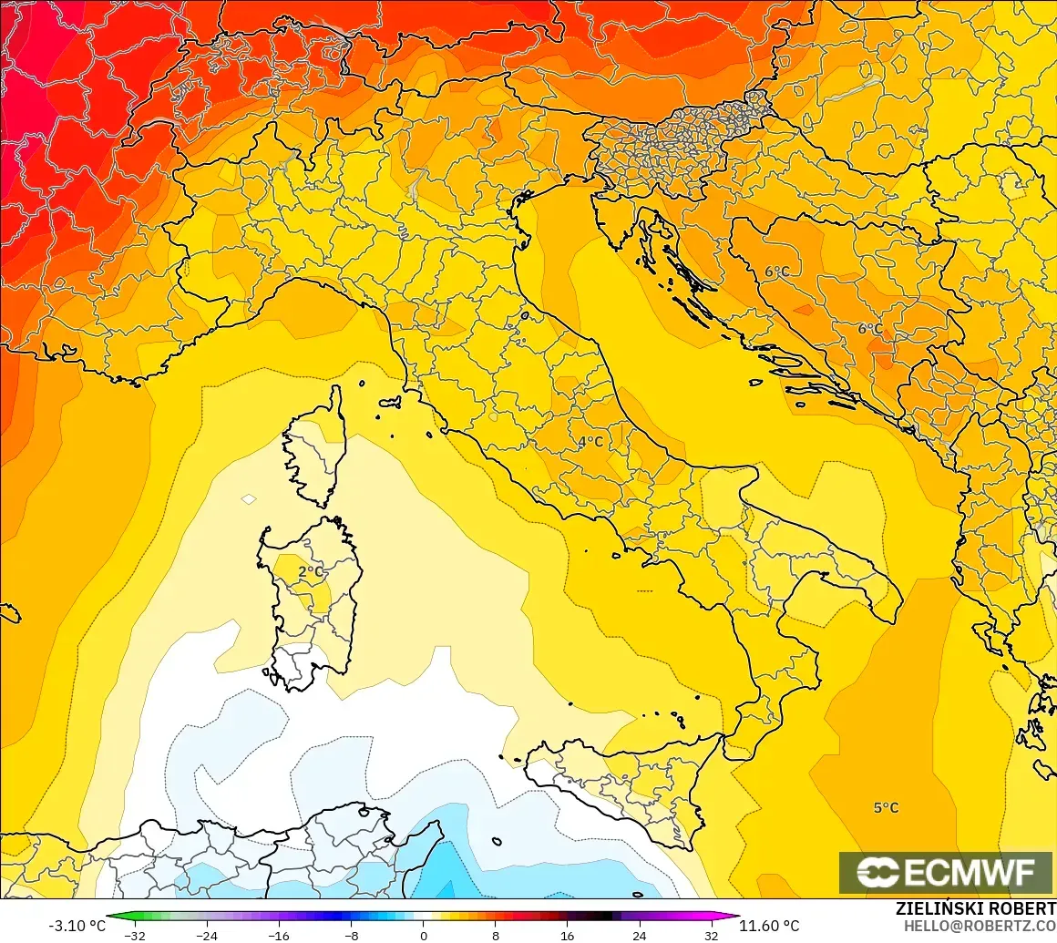 ECMWF IFS 0,25° modelo - Itália, Anomalia de temperatura a 850 hPa