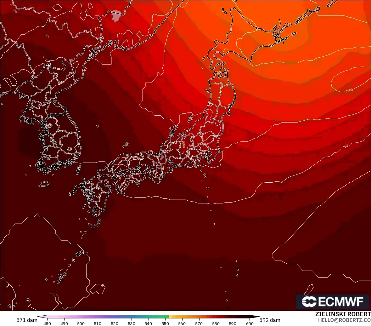 ECMWF IFS 0,25° modelo - Japão, Altura geopotencial a 500 hPa