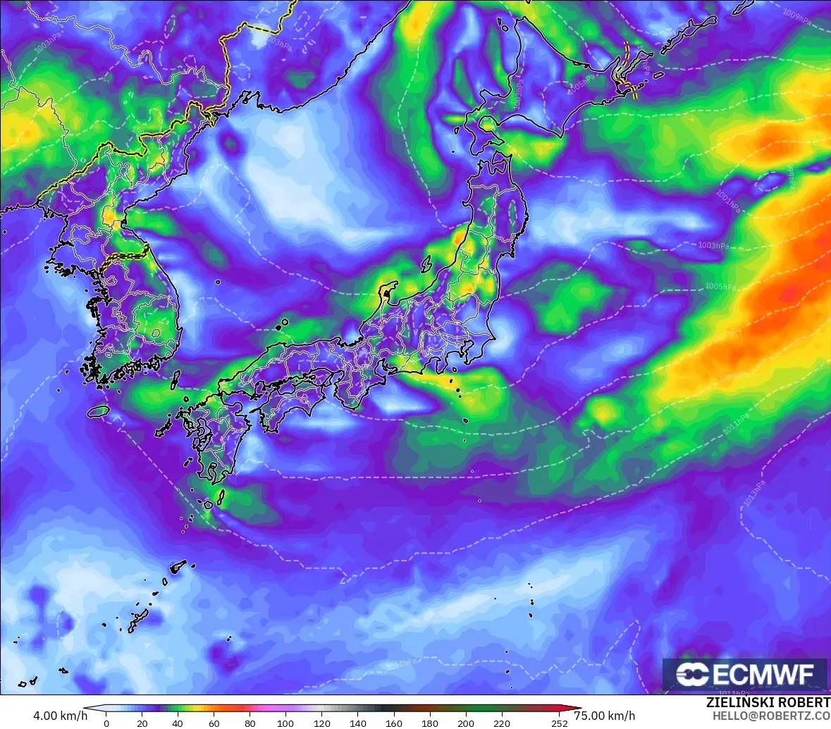 ECMWF IFS 0,25° modelo - Japão, Rajadas de vento