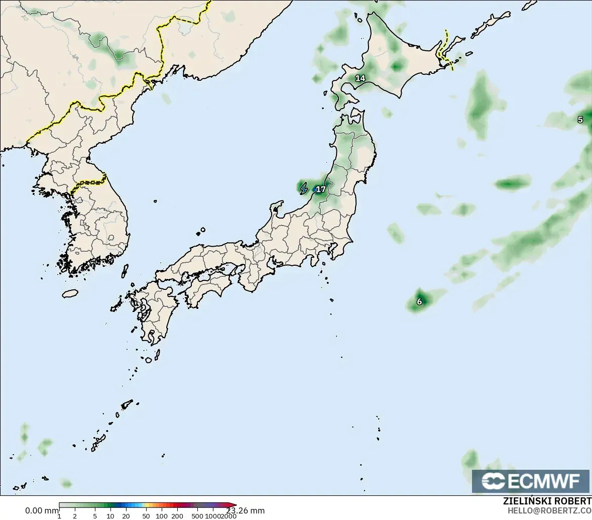 ECMWF IFS 0,25° modelo - Japão, Acúmulo de precipitação