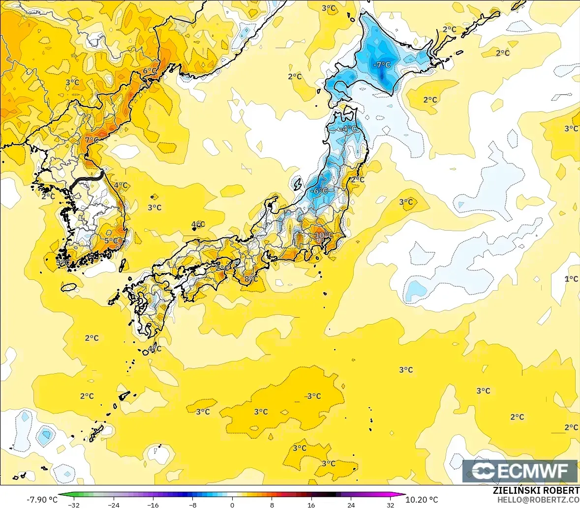 ECMWF IFS 0,25° modelo - Japão, Anomalia de temperatura a 2 m
