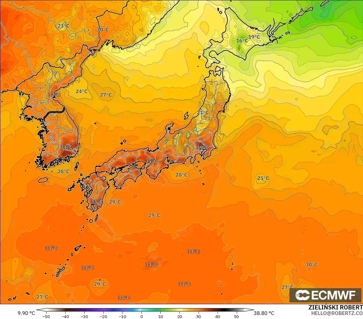 ECMWF IFS 0,25° modelo - Japão, Temperatura a 2 m