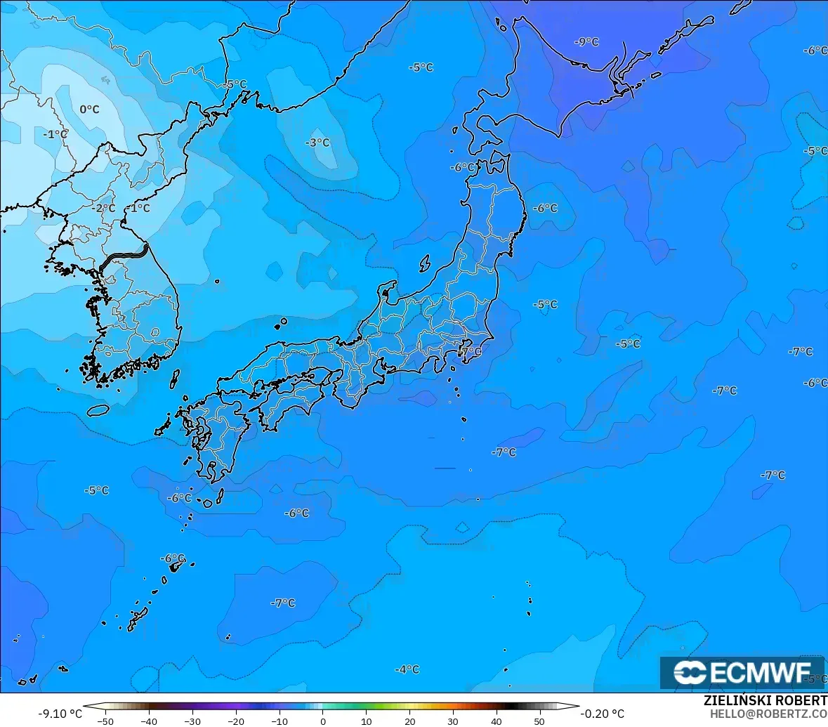 ECMWF IFS 0,25° modelo - Japão, Temperatura a 500 hPa