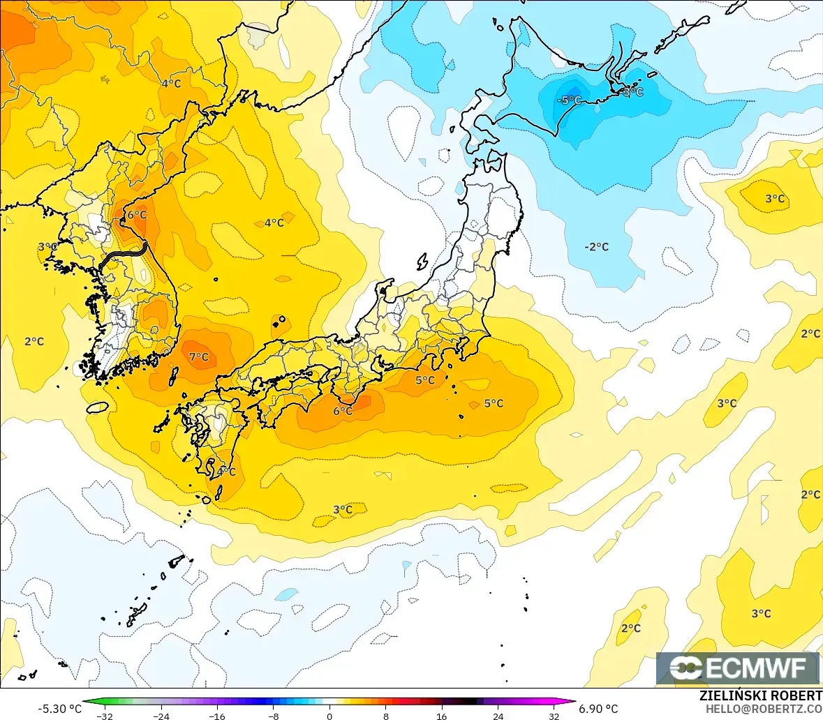 ECMWF IFS 0,25° modelo - Japão, Anomalia de temperatura a 850 hPa