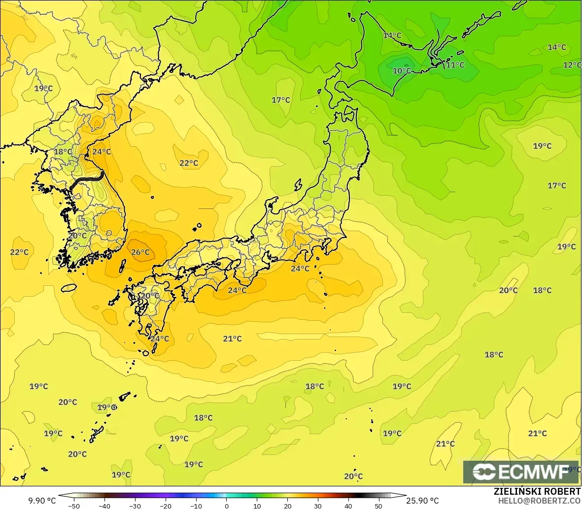 ECMWF IFS 0,25° modelo - Japão, Temperatura a 850 hPa