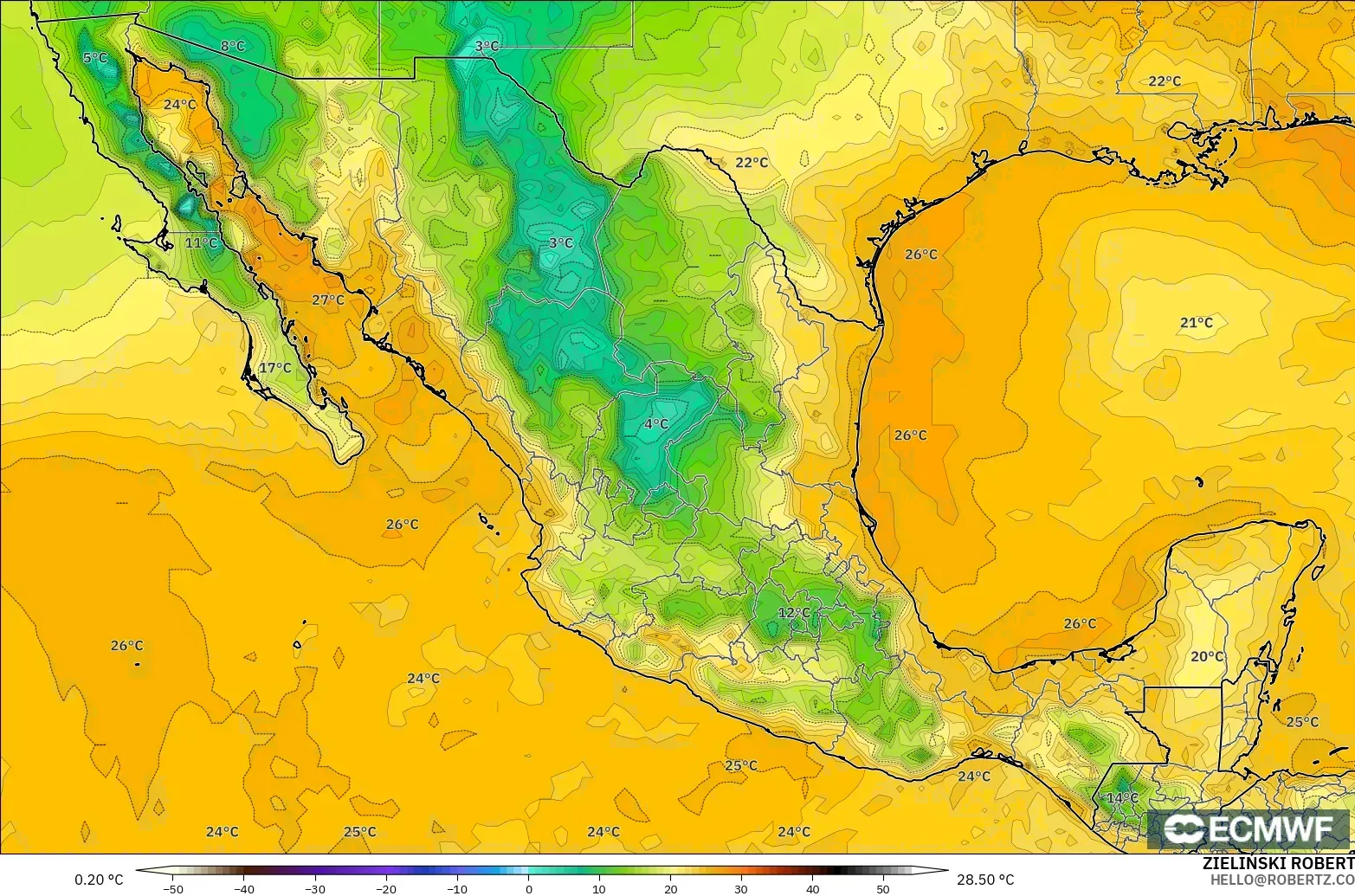 ECMWF IFS 0,25° modelo - México, Ponto de orvalho a 2 m