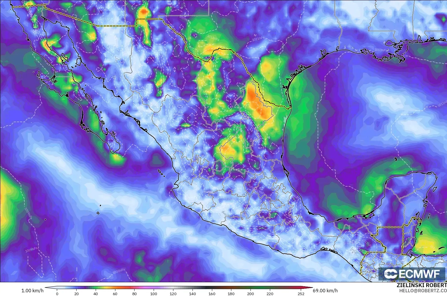 ECMWF IFS 0,25° modelo - México, Rajadas de Vento Máximas