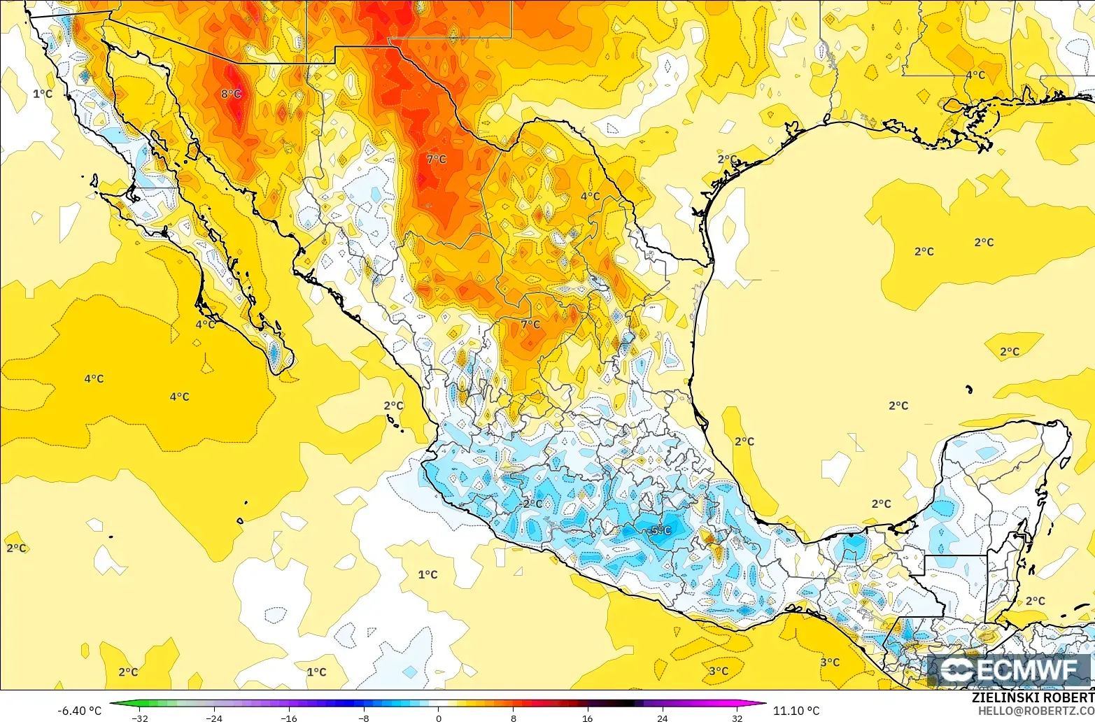 ECMWF IFS 0,25° modelo - México, Anomalia de temperatura a 2 m