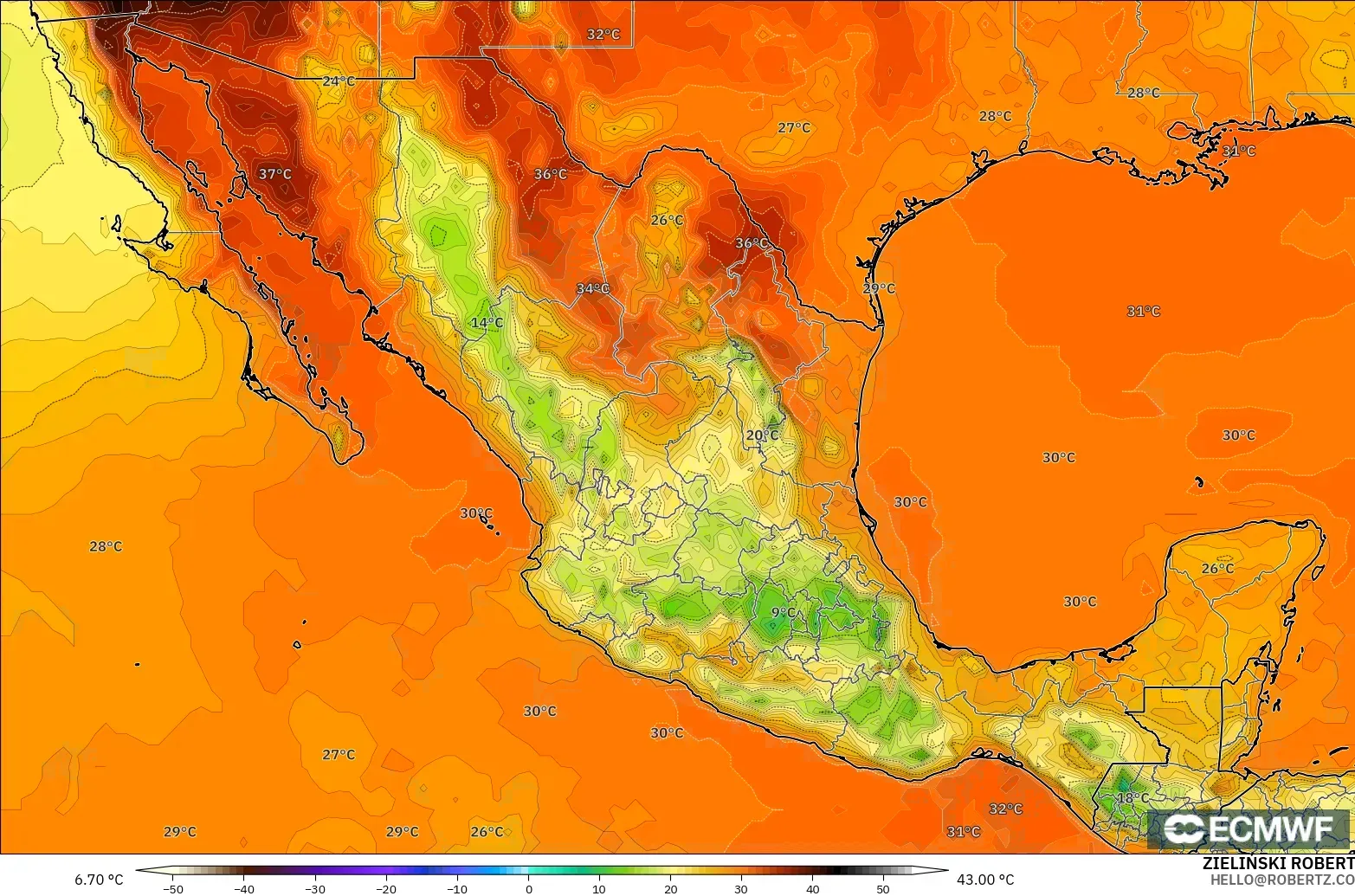 ECMWF IFS 0,25° modelo - México, Temperatura a 2 m